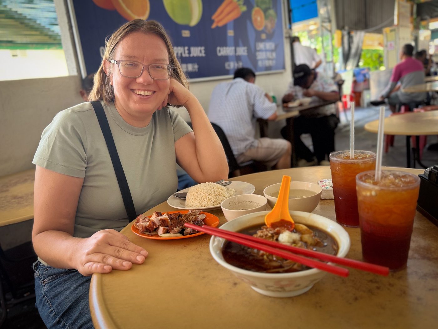 Olga with roast pork, goose, and Lor Mee at Cheah Yew Market